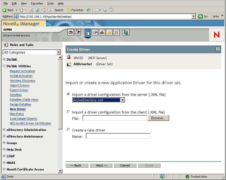 �� Novell iManager ��ҳ�򿪡��������������򵼡���ADDriverSet ��ҳҲ�򿪡�
