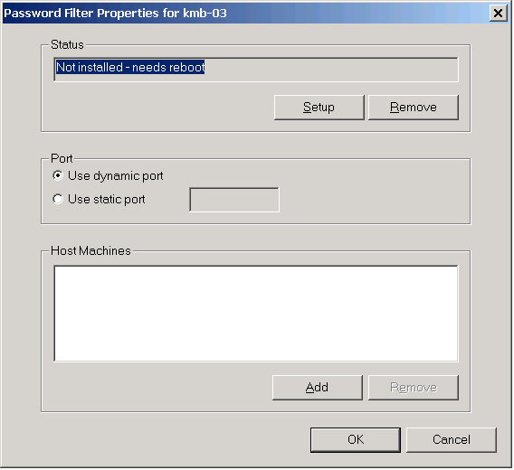 Dialog box showing whether the password filter is set up, the kind of port, and which machine runs the driver