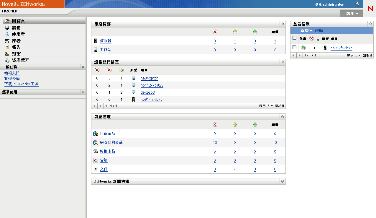 ZENworks 控制中心首頁