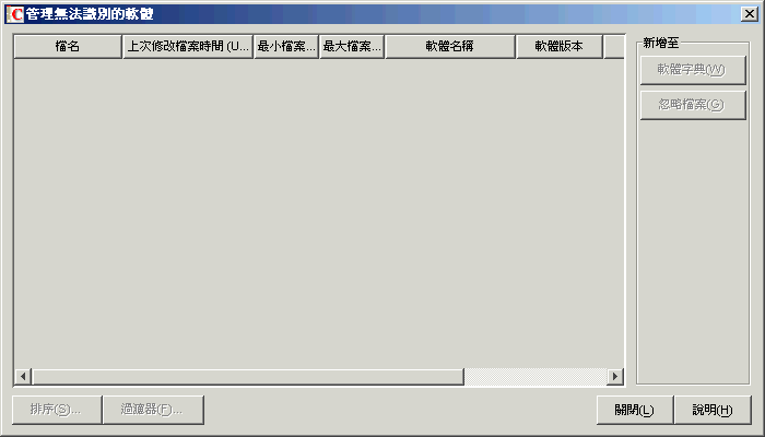「管理無法識別的軟體」表。
