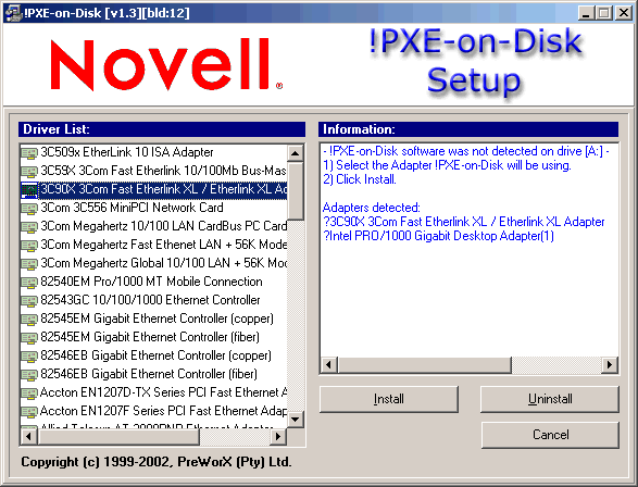 開啟了磁碟驅動程式與資訊清單的「PXE-on-Disk 安裝」視窗。
