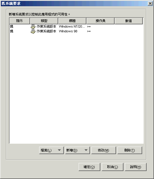 應用程式物件的「舊系統要求」對話方塊。