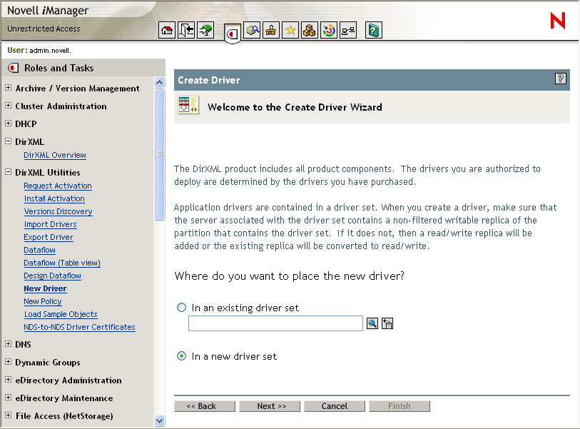 在 Novell iManager 主頁面上開啟的建立新驅動程式精靈窗格。