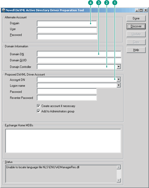 Active Directory 驅動程式準備工具的主視窗。對四個欄位進行了標註：項目 1 表示「帳戶 DN」欄位，項目 2 表示「領域控制器」欄位，項目 3 表示「領域 DN」欄位，項目 4 表示「領域」名稱欄位。