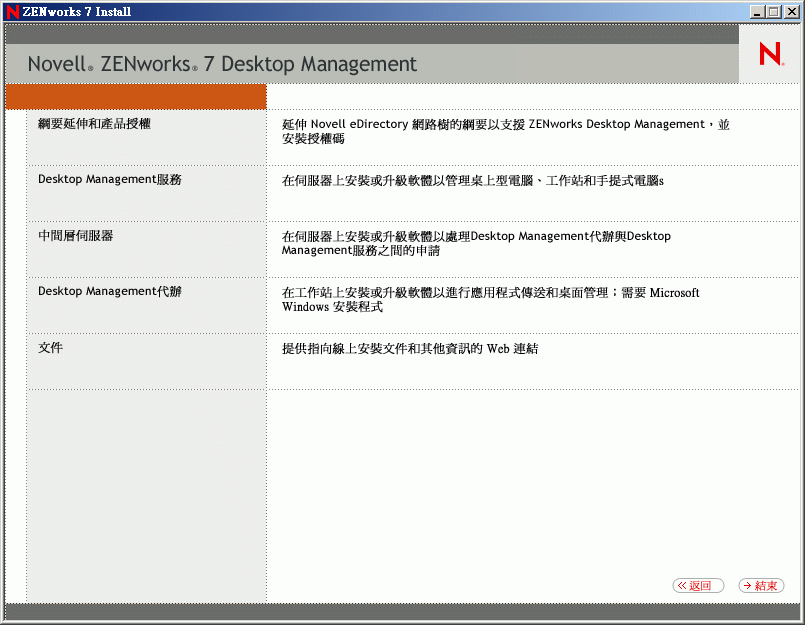 ZENworks 桌面管理安裝程式功能表。