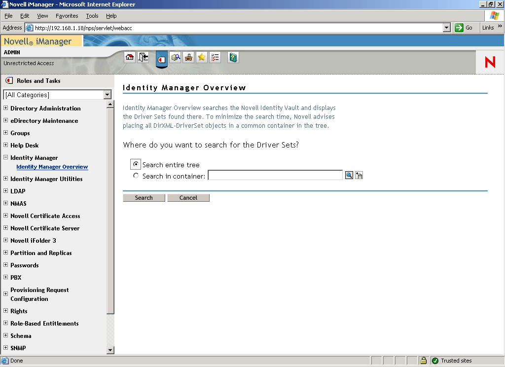 Novell iManager 中的 DirXML 綜覽公用程式。