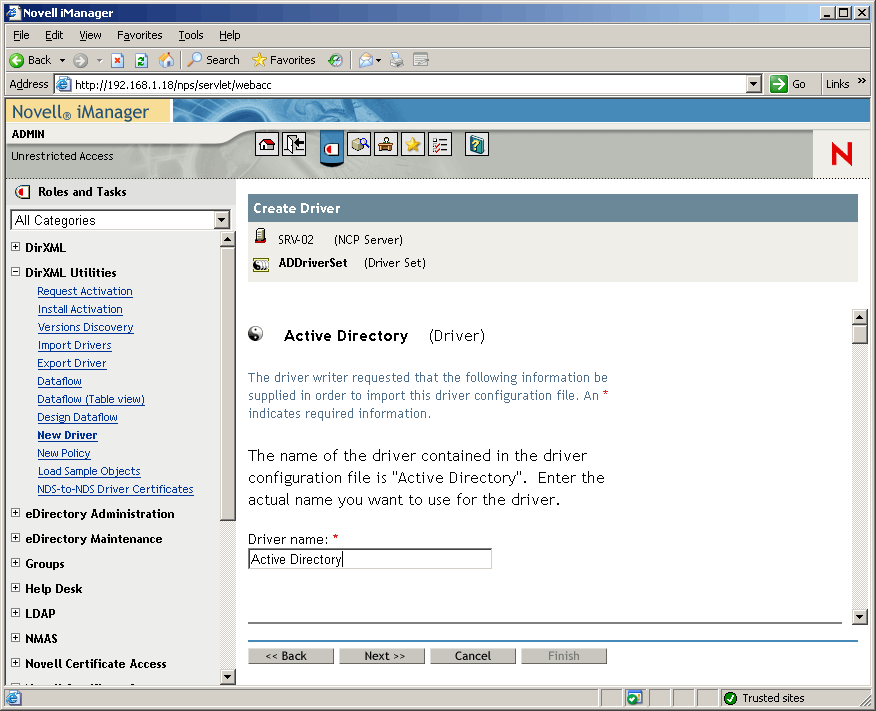 在 Novell iManager 主頁面上開啟的「建立驅動程式」精靈。「Active Directory 驅動程式集」頁亦開啟。