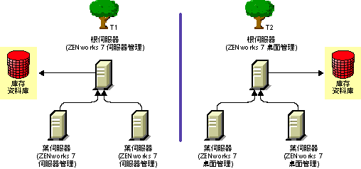 兩個 eDirectory 樹狀結構，每個結構上均具有 ZENworks 7 伺服器管理和 ZENworks 7 桌面管理庫存樹狀結構。