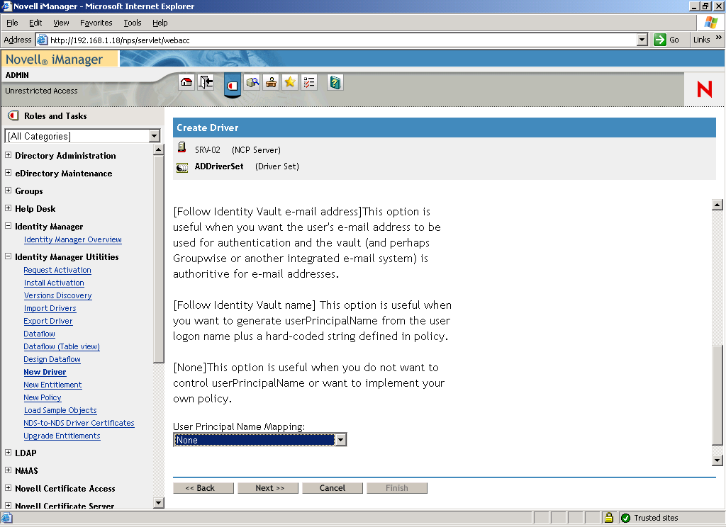在 Novell iManager 主頁面上開啟的「建立驅動程式」精靈。「Active Directory 驅動程式集」頁亦開啟。