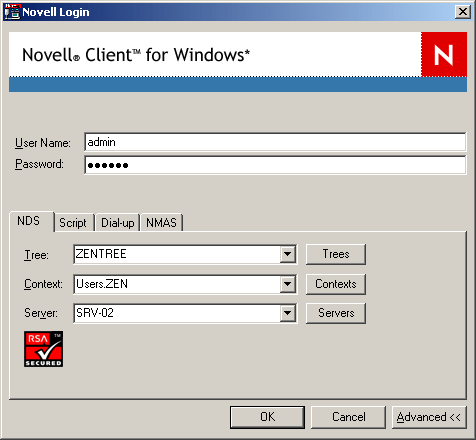 將開啟含有進階 NDS 登入組態的 Novell Client 登入對話方塊。