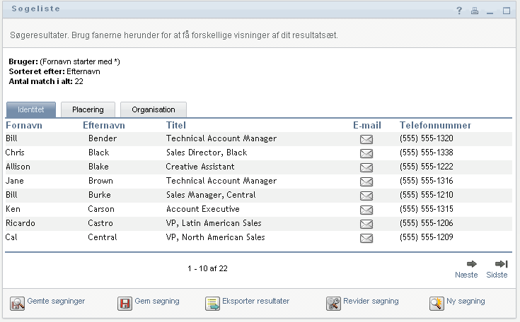Siden Søgeliste viser resultater af brugersøgninger under tre faner