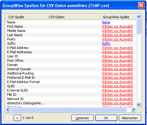 Fenster "CSV-Dateizuordnung importieren"