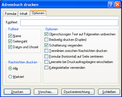 Dialogfeld "Adressbuch drucken", Register "Optionen"