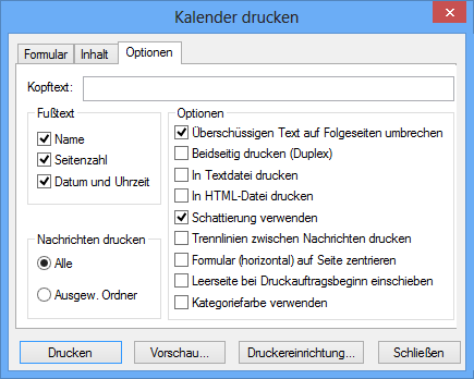 Dialogfeld "Kalender drucken", Register "Optionen"