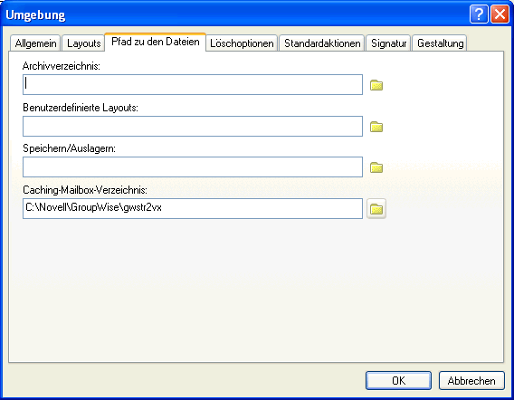 Dialogfeld "Umgebung", Register "Dateistandort"