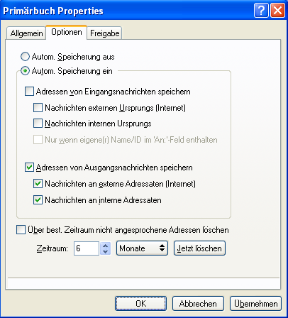 Dialogfeld "Primärbuch-Eigenschaften", Register "Optionen"