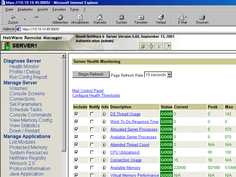 Zustands�berwachung in NetWare Remote Manager