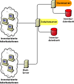 Die Abbildung zeigt einen Zwischenserver mit Datenbank und verkn�pften inventarisierten Arbeitsstationen.