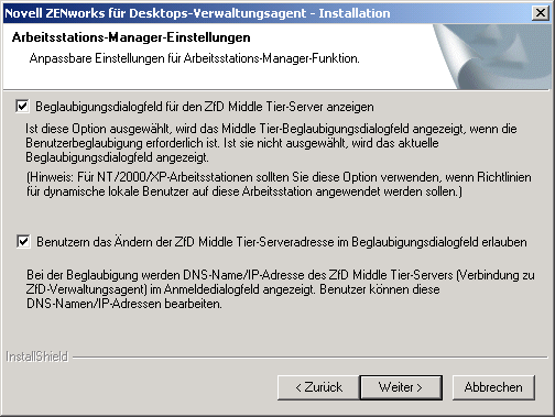 Screenshot des Dialogfelds f�r die Installation des ZfD-Verwaltungsagenten (Arbeitsstations-Manager-Einstellungen)
