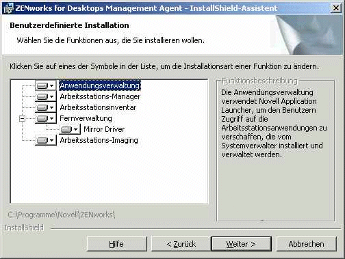 Screenshot des Dialogfelds mit den verf�gbaren Funktionen im Installationsprogramm f�r den ZfD-Verwaltungsagenten