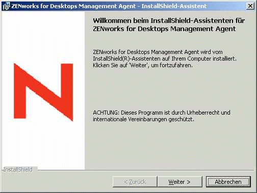 Erste Seite des Installationsprogramms für den ZfD-Verwaltungsagenten