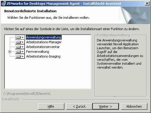 Seite für benutzerdefinierte Einstellungen des Installationsprogramms für den ZfD-Verwaltungsagenten