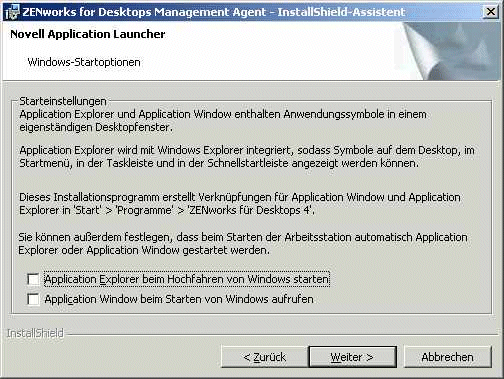 Seite des Novell Application Launcher im Installationsprogramm für den ZfD-Verwaltungsagenten