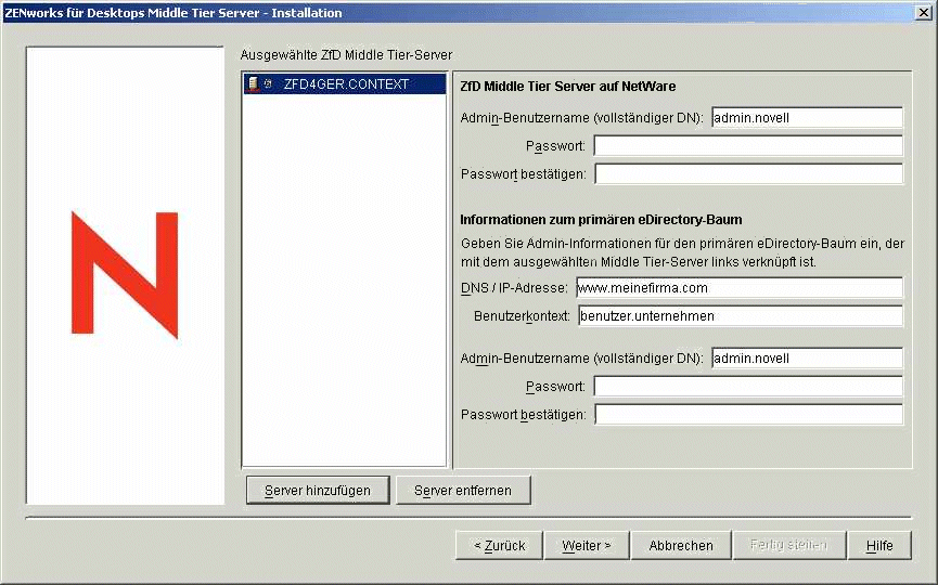Screenshot des Dialogfelds f�r die Installation des ZfD Middle Tier-Servers mit Informationen zu NetWare-Serverfeldern