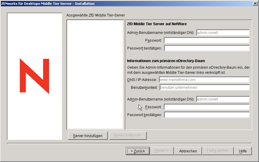 Screenshot des Dialogfelds f�r die Installation des ZfD Middle Tier-Servers mit Informationen zu Windows 2000-Feldern