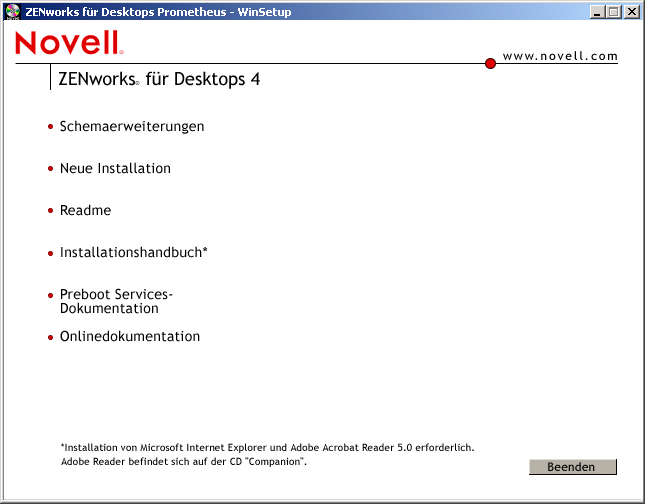 Screenshot der ersten Seite des Installationsprogramms f�r ZENworks for Desktops 4, auf der die allgemeinen Installationsoptionen dargestellt werden.