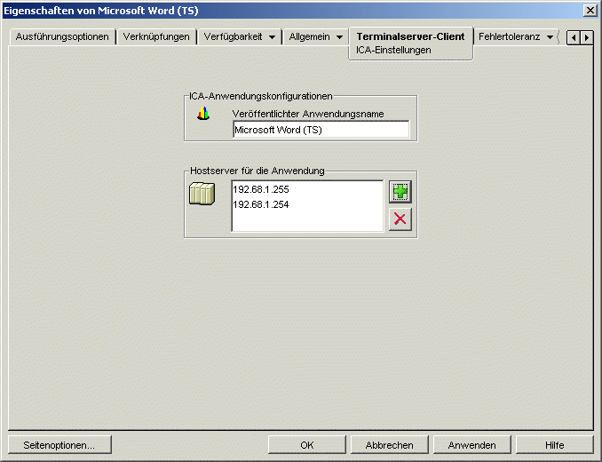 Anwendungsobjekt > Registerkarte "Terminalserver-Client" > Seite "ICA-Einstellungen"