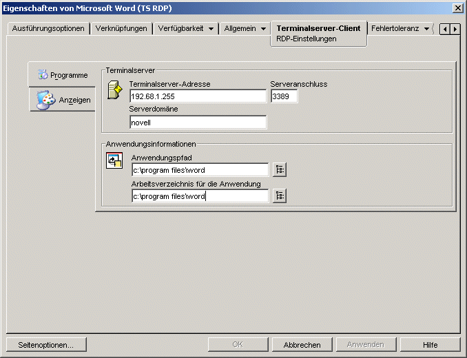 Anwendungsobjekt > Registerkarte "Terminalserver-Client" > Seite "Fenster"