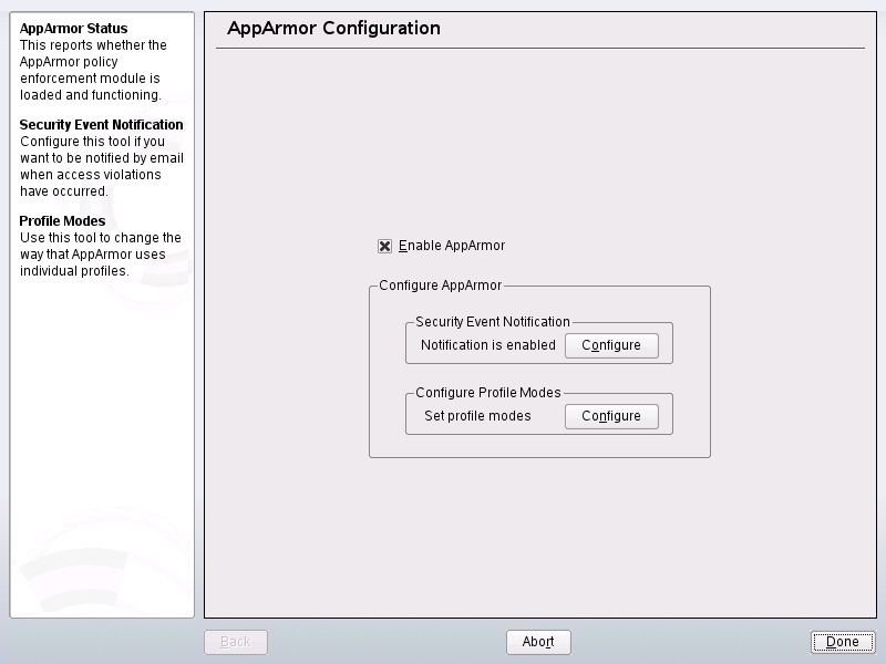 The AppArmor control 	panel