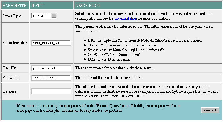 Connect To Database Screen