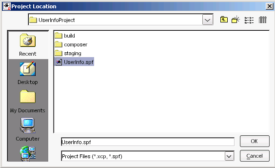Project folder, select project file dialog window.