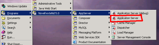 Start Programs menu to start the exteNd Application Server