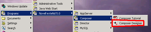 Screen shot of Start-->Programs menu path to start the Composer Designer.
