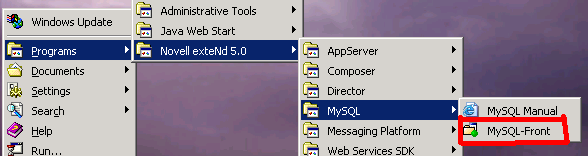 Start Programs entry for MySQL-Front in the exteNd install.