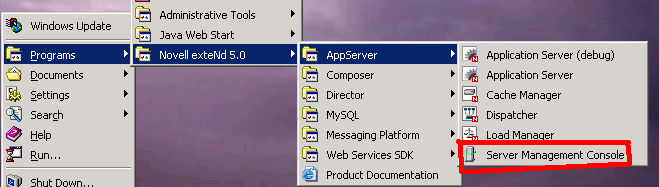 Start Programs menu for Server Management Console