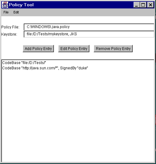 Policy Tool with Two Entries, Keystore, and Policy File Name