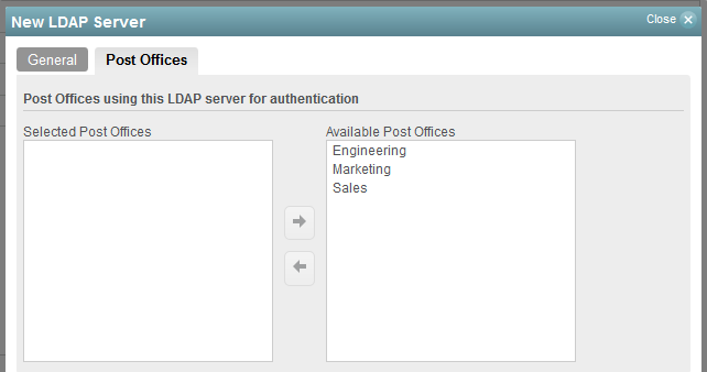 LDAP Server object Post Offices tab