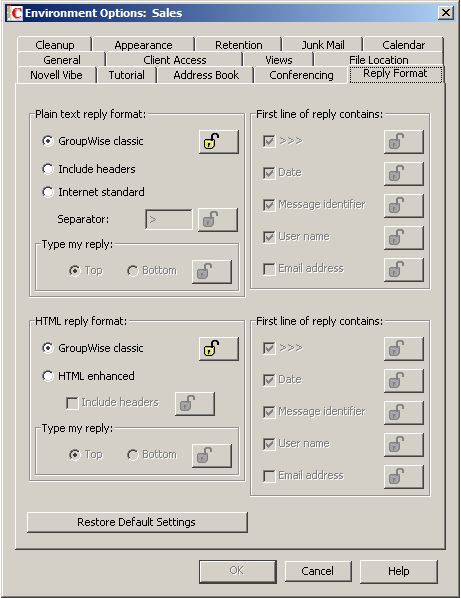 Environment Options Dialog Box with the Reply Format Tab Open