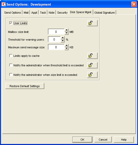 Send Options Dialog Box with the Disk Space Management Tab Open