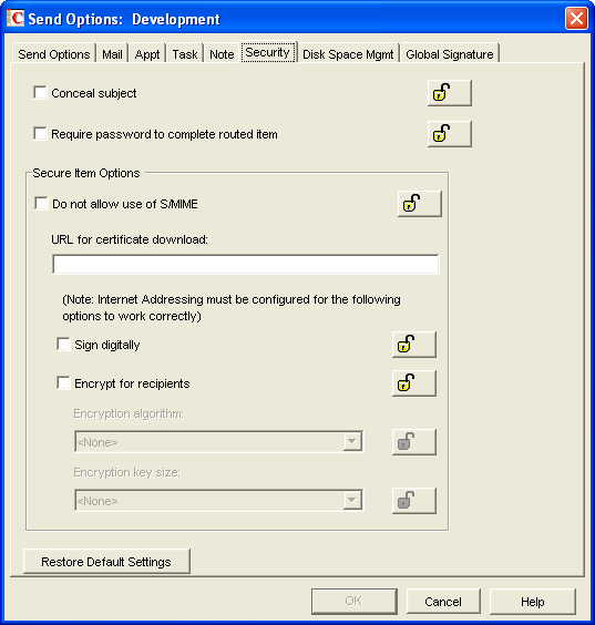Send Options Dialog Box with the Security Tab Open