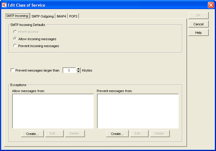 SMTP Incoming tab of the Edit Class of Service dialog box