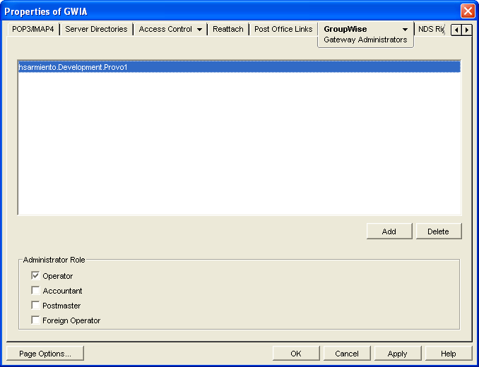 Gateway Administrators property page with the new administrator added to the list