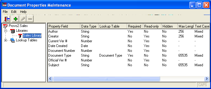 Document Properties Maintenance window with the list of libraries displayed