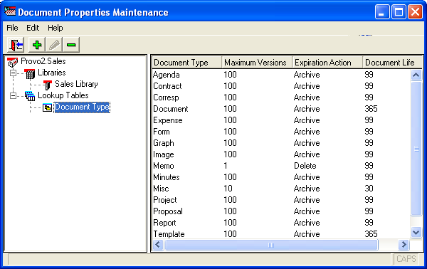 Document Properties Maintenance dialog box with a Document Type property displayed