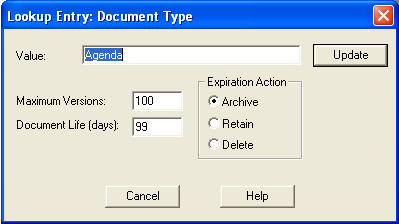 Lookup Entry: Document Type dialog box with the new value