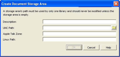 Create Document Storage Area dialog box